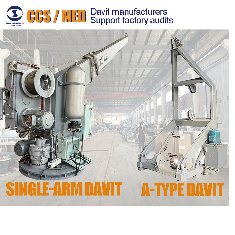 Compared to an A-frame davit, what are the advantages of a single-arm davit?